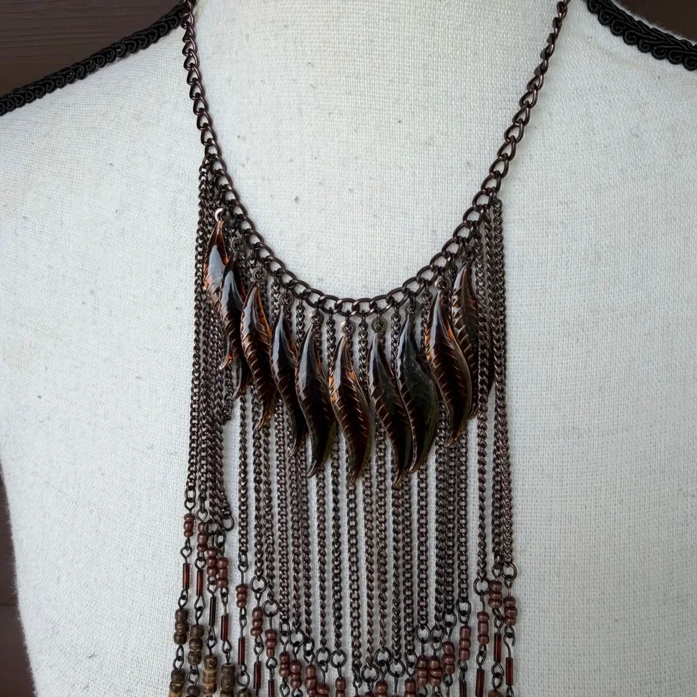 Whimsigoth Gunmetal Leaf Statement Necklace Earthy Boho Fringe Bib